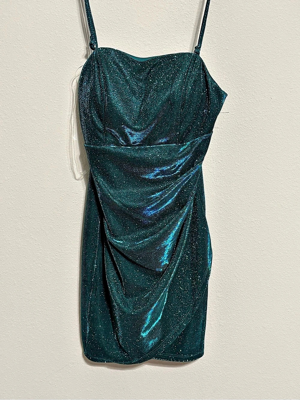 Emerald Sundae Juniors' Glitter Ruched Cowl Neck Mini Dress